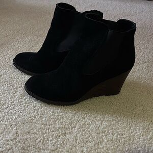 Suede bootie, nearly new, wedge heel, 6.5, almond toe.